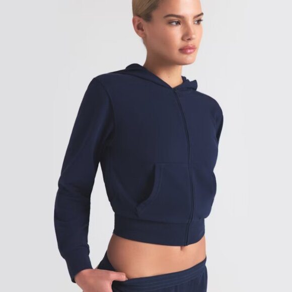 SKIMS Tops - SKIMS Cotton Jersey Zip Up Slim Hoodie Womens Small Navy Blue Cropped Sweatshirt